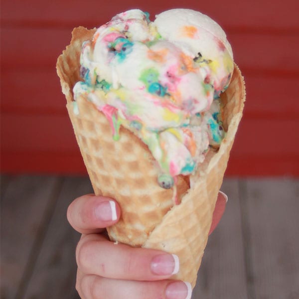 Photo of a hand holding a sweet jenny's ice cream. 